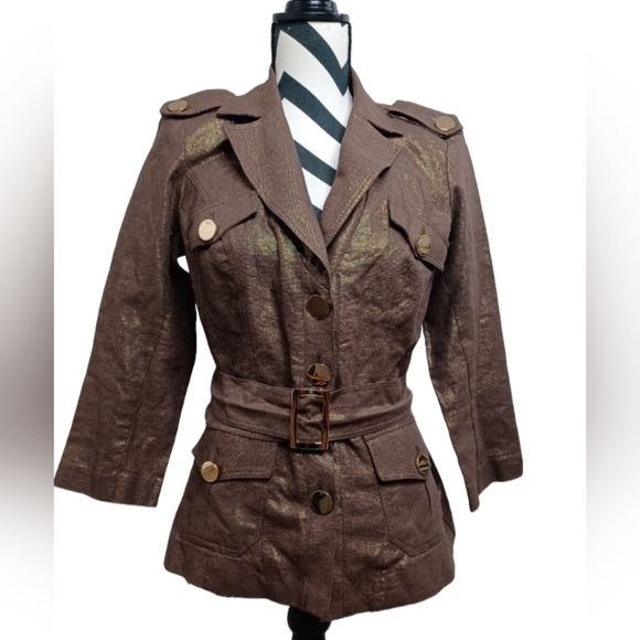 Cache Jackets & Blazers - NWT Cache Mob Wife Sz S Metallic Gold Button Front Belted Linen Blend Jacketed.